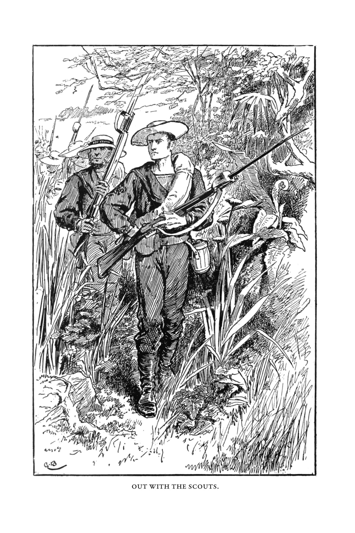 By Sheer Pluck by G. A. Henty — frontispiece, Out with the Scouts
