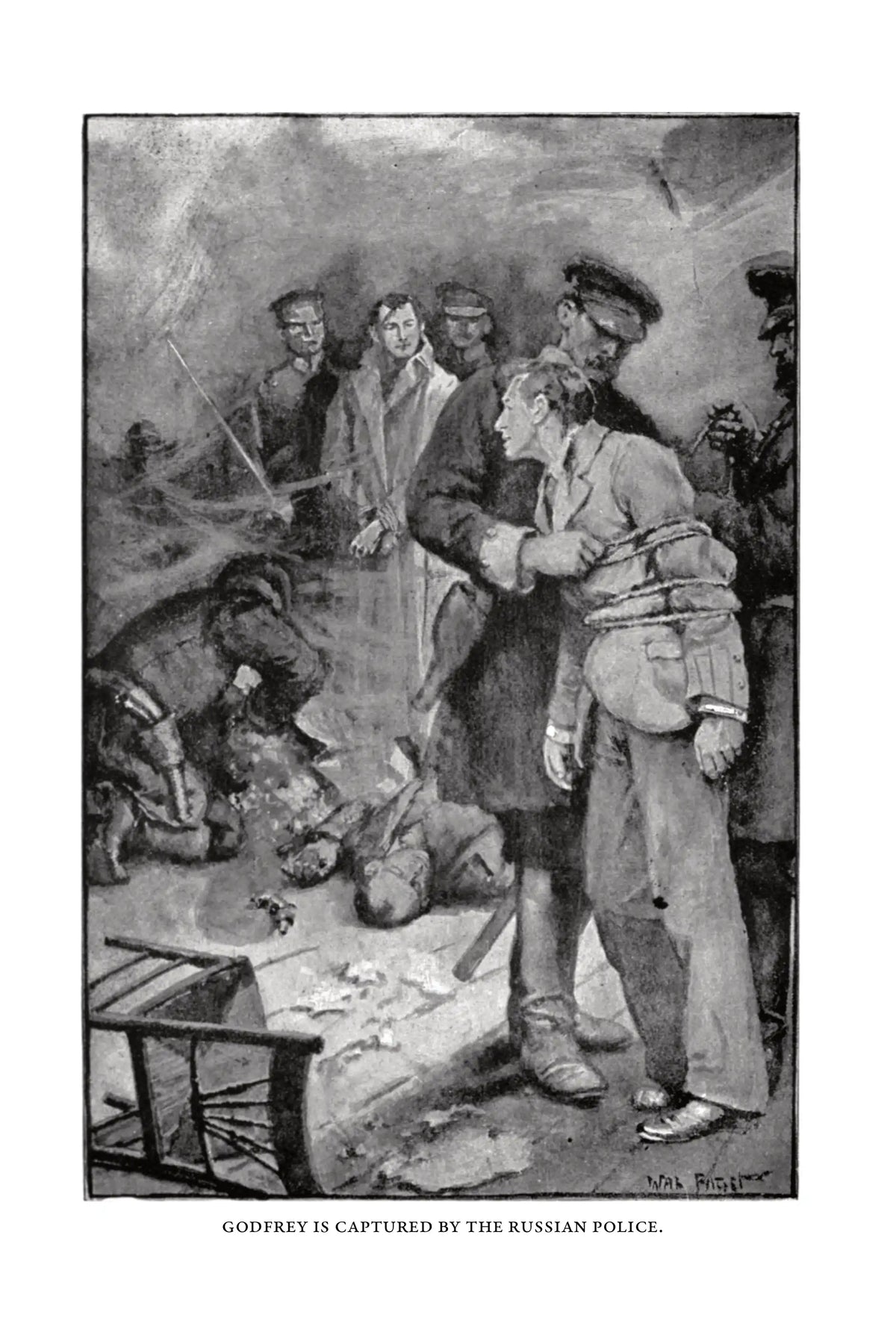 Condemned as a Nihilist by G. A. Henty — frontispiece, Godfrey is captured by the Russian police