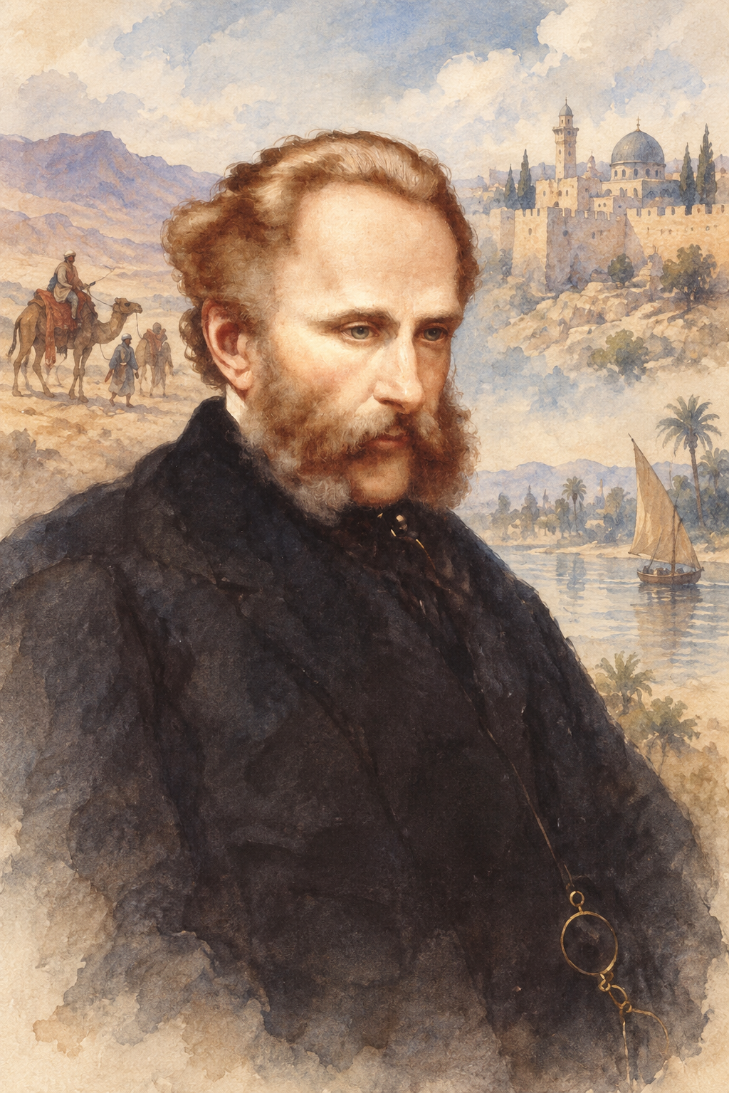 Watercolor portrait of A. W. Kinglake with scenes inspired by his writing in the background.