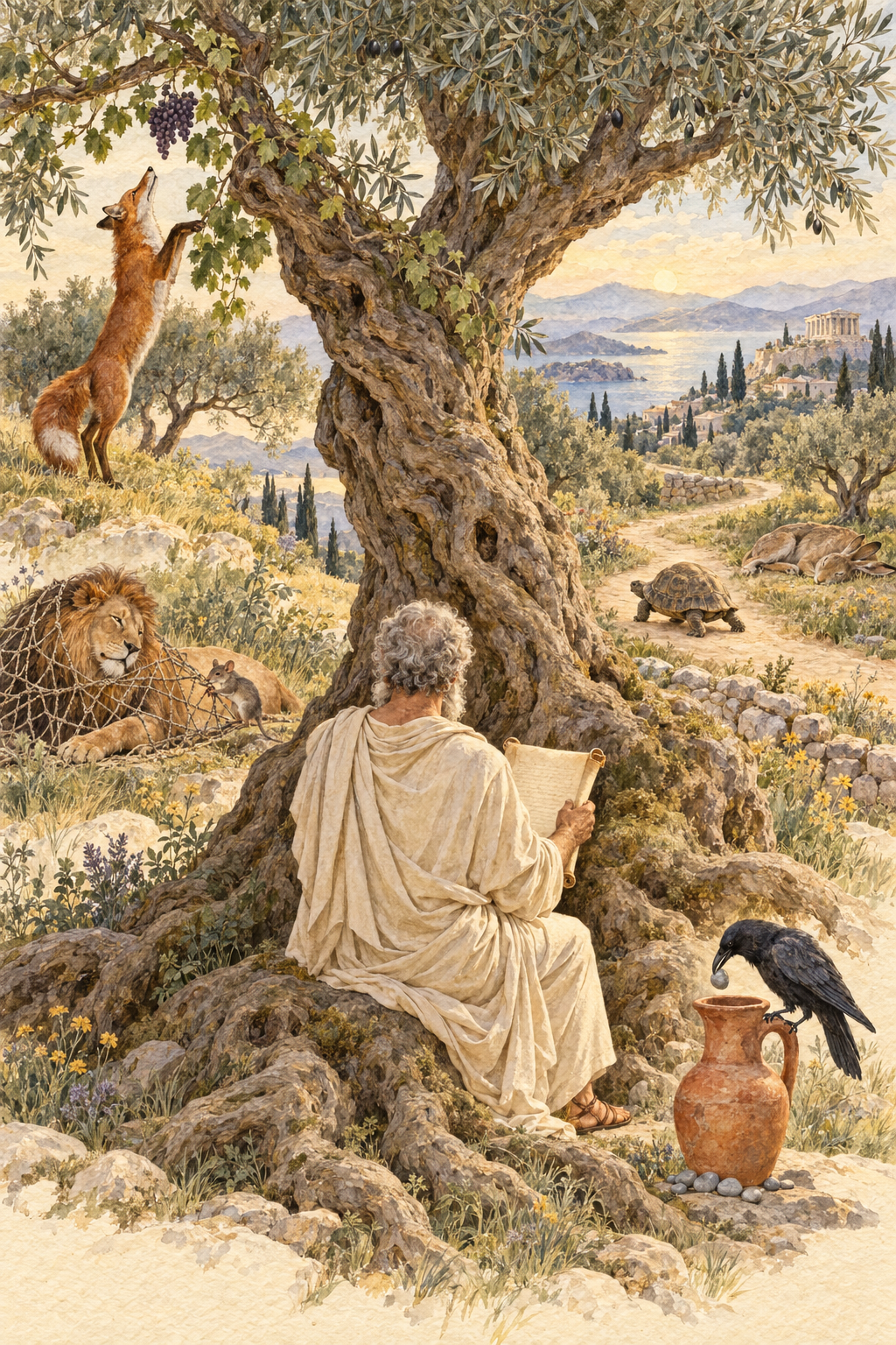 Watercolor of a storyteller beneath an ancient olive tree, surrounded by the fox and grapes, tortoise and hare, lion and mouse, and crow and pitcher from Aesop's fables.