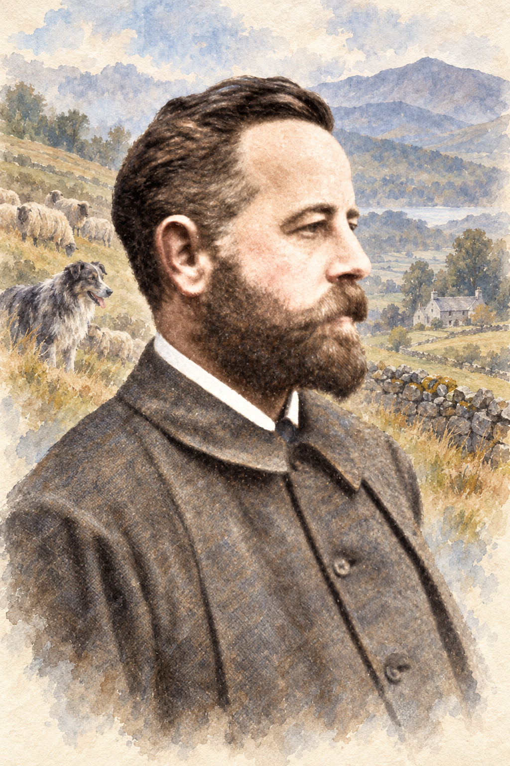 Watercolor portrait of Alfred Ollivant with scenes inspired by his writing in the background.