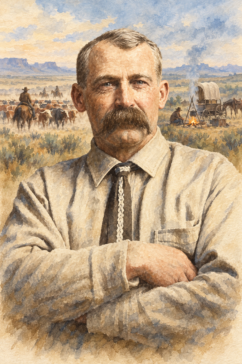 Watercolor portrait of Andy Adams with literary scenes in the background.