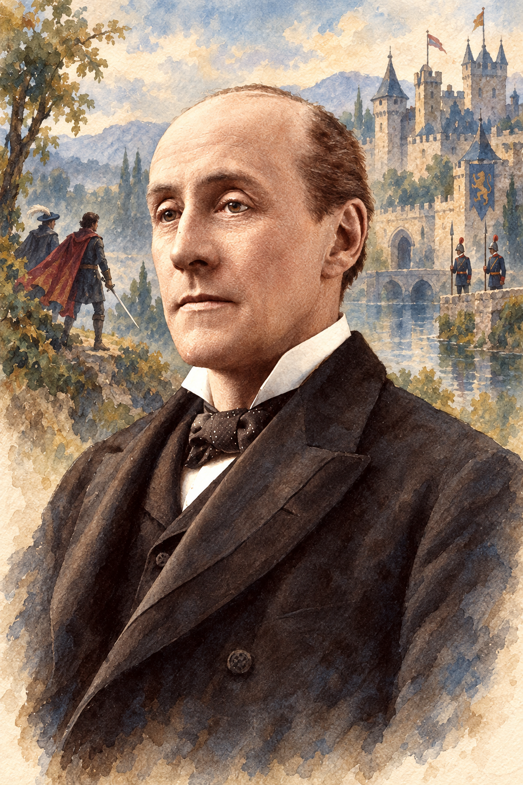 Watercolor portrait of Anthony Hope with literary scenes in the background.