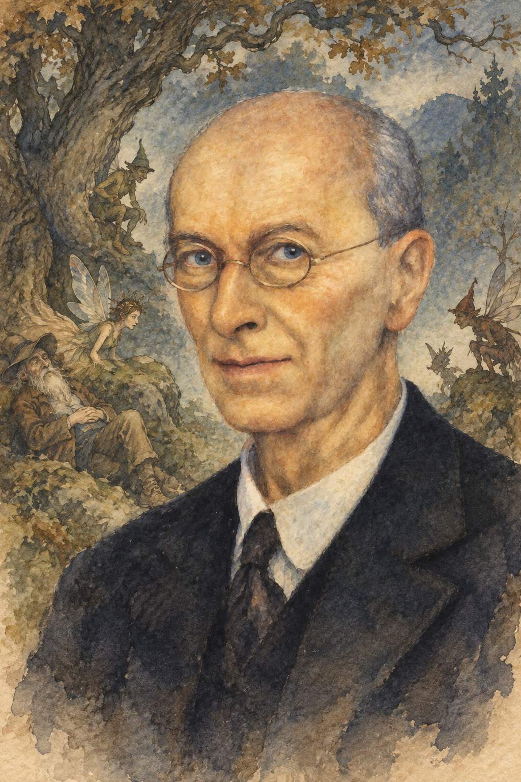 Watercolor portrait of Arthur Rackham with literary scenes in the background.
