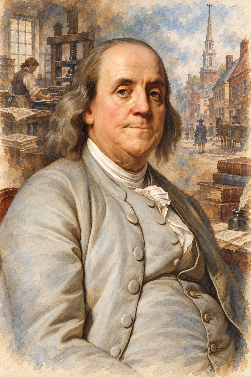 Watercolor portrait of Benjamin Franklin with scenes inspired by his writing.