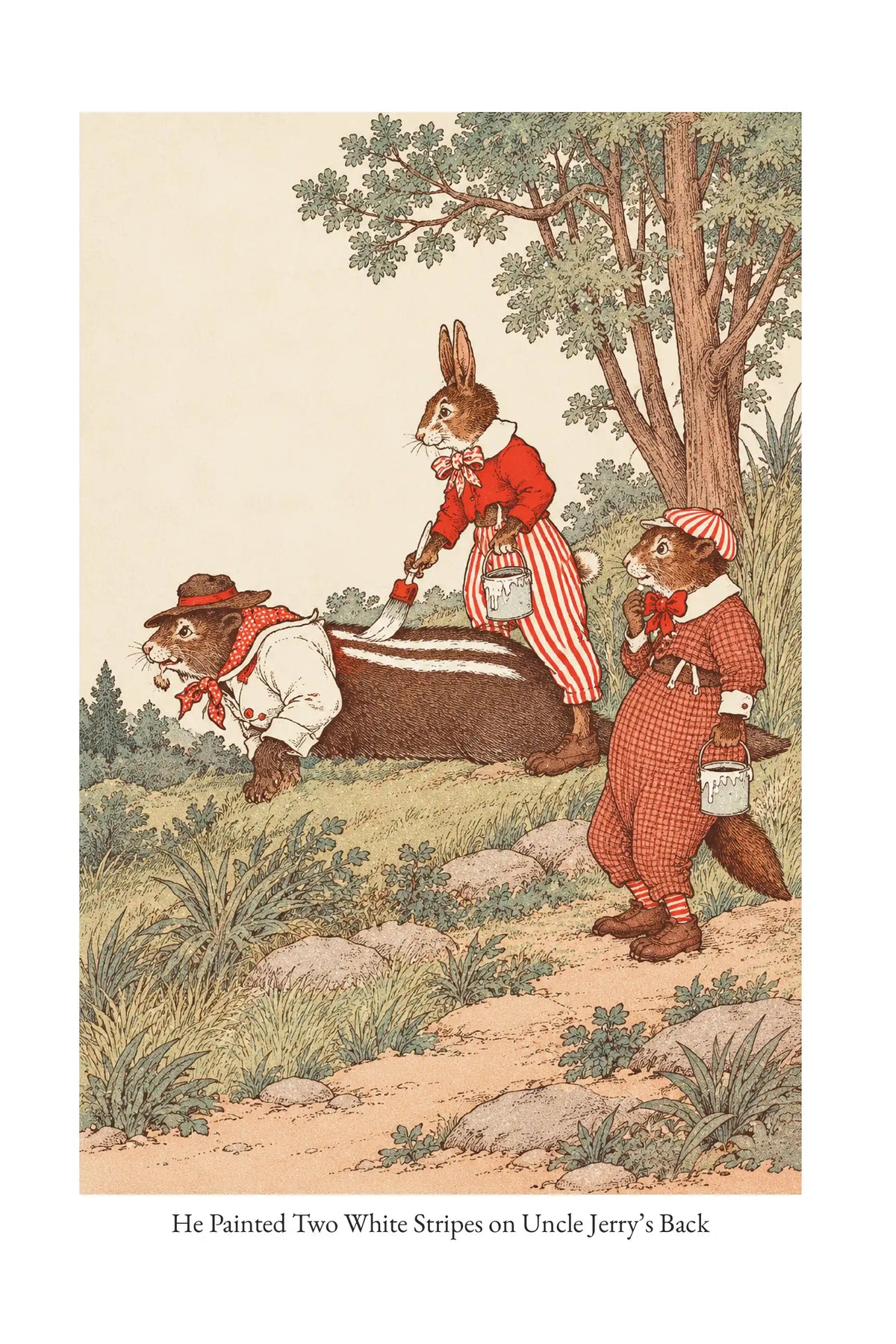 He Painted Two White Stripes on Uncle Jerry’s Back — full illustration page from The Tale of Billy Woodchuck