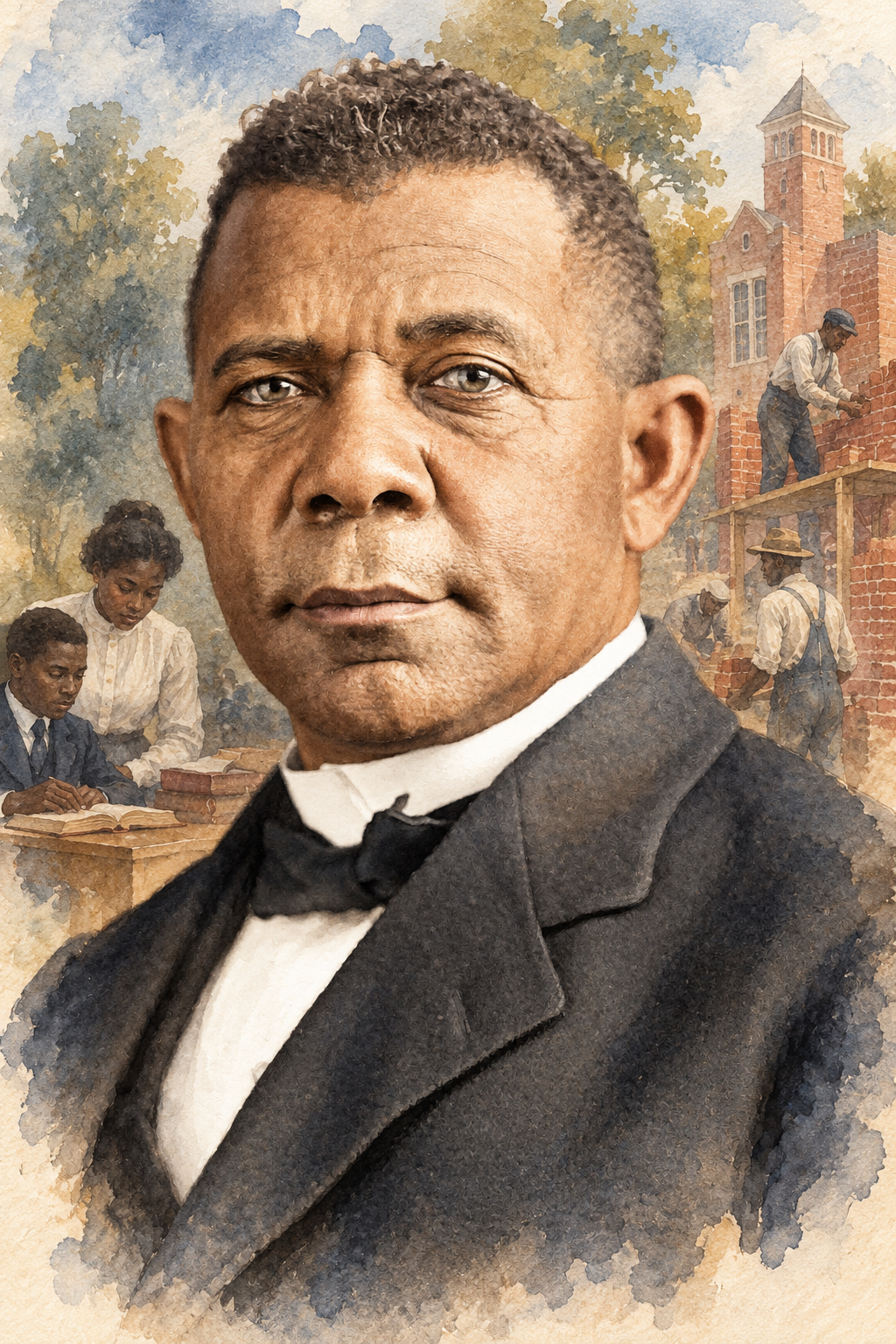 Watercolor portrait of Booker T. Washington with scenes inspired by his writing.