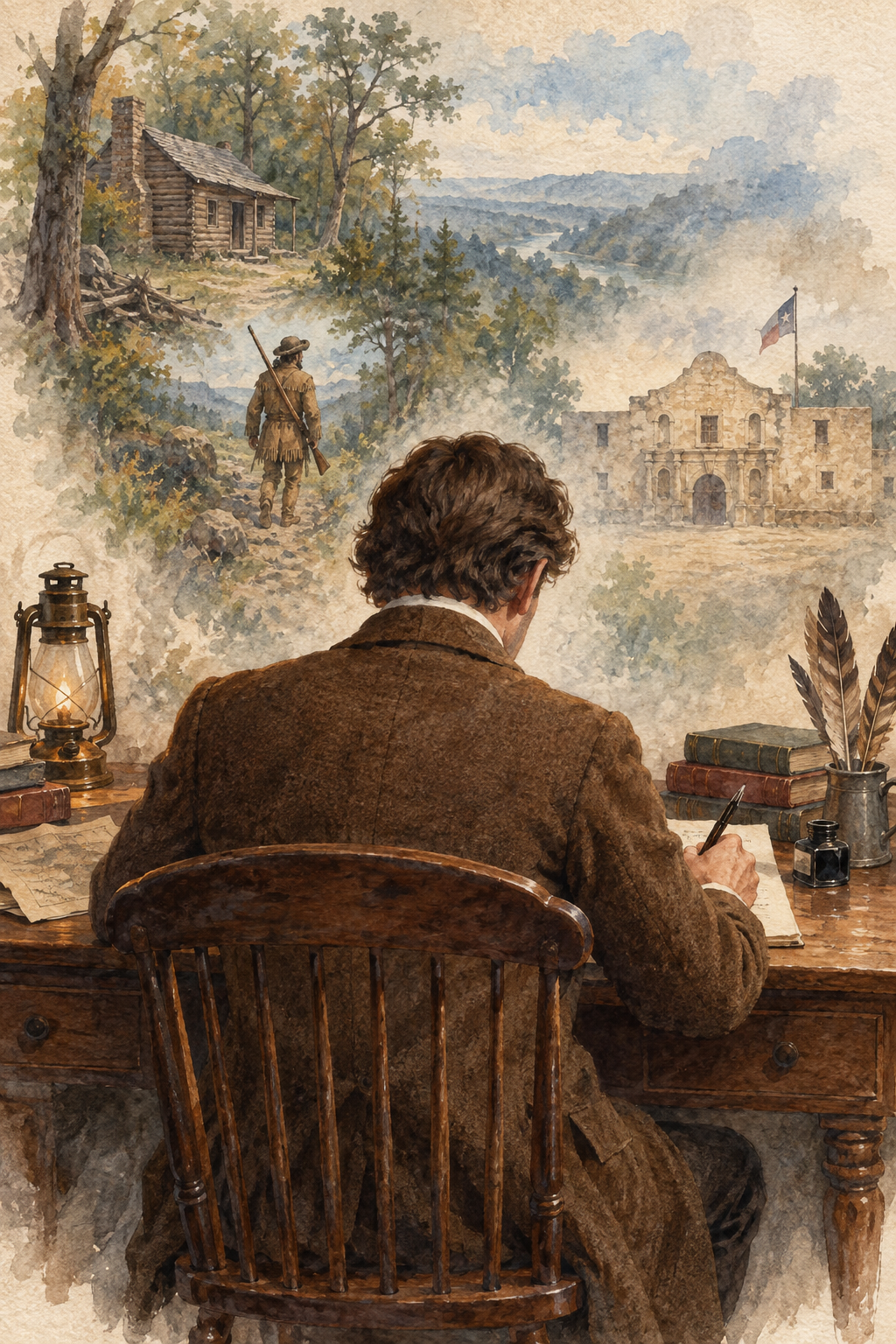 Symbolic watercolor illustration for Charles Allen: a man seen from behind writing at a desk, with scenes inspired by their books.