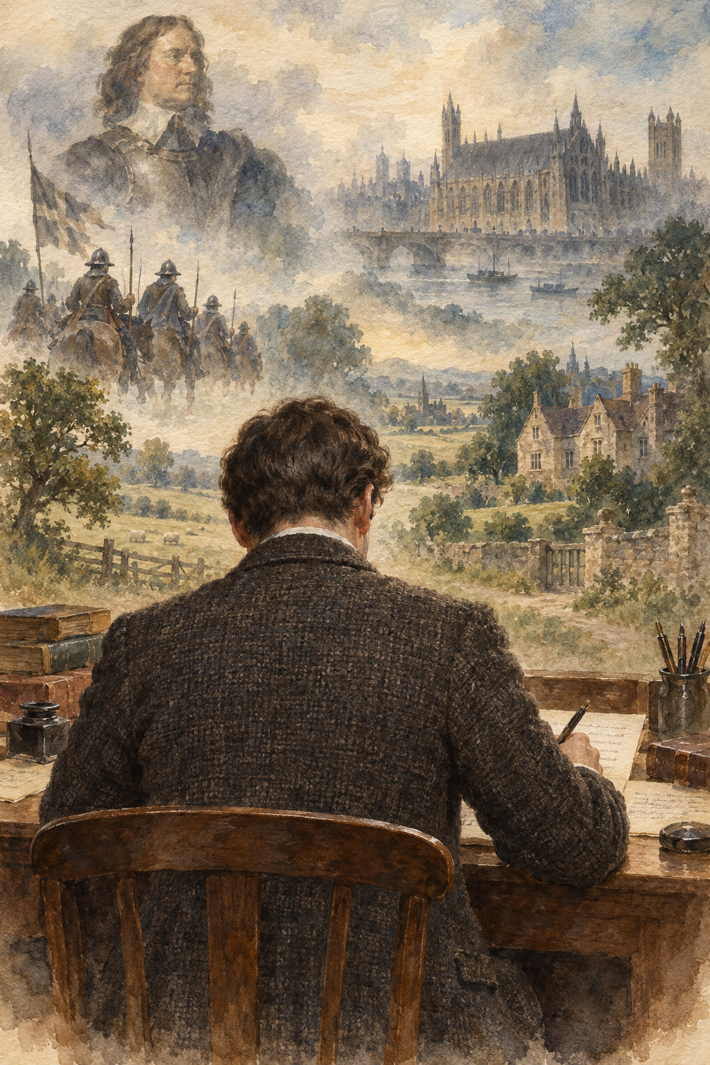 Symbolic watercolor illustration for Charles Firth: a man seen from behind writing at a desk, with scenes inspired by their books.