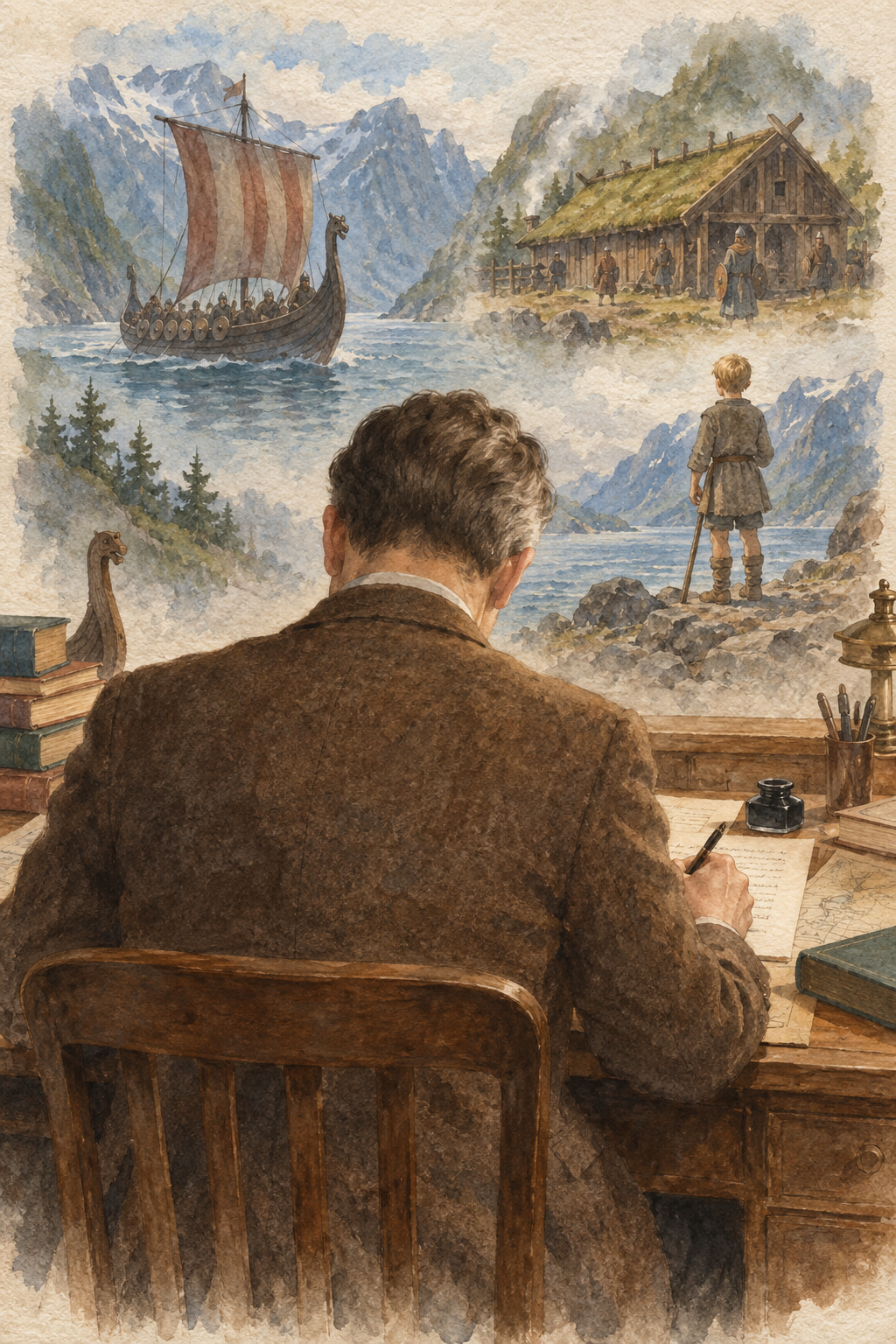 Symbolic watercolor illustration for Charles Johnston: a man seen from behind writing at a desk, with scenes inspired by their books.