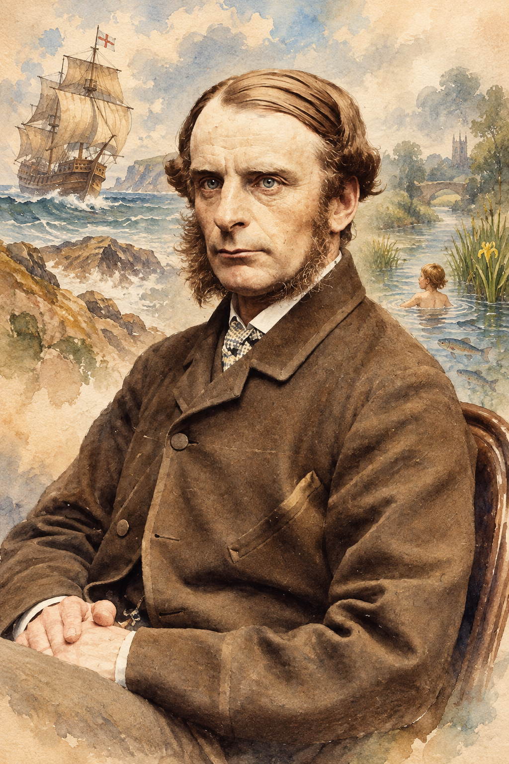 Watercolor portrait of Charles Kingsley with scenes inspired by his writing.