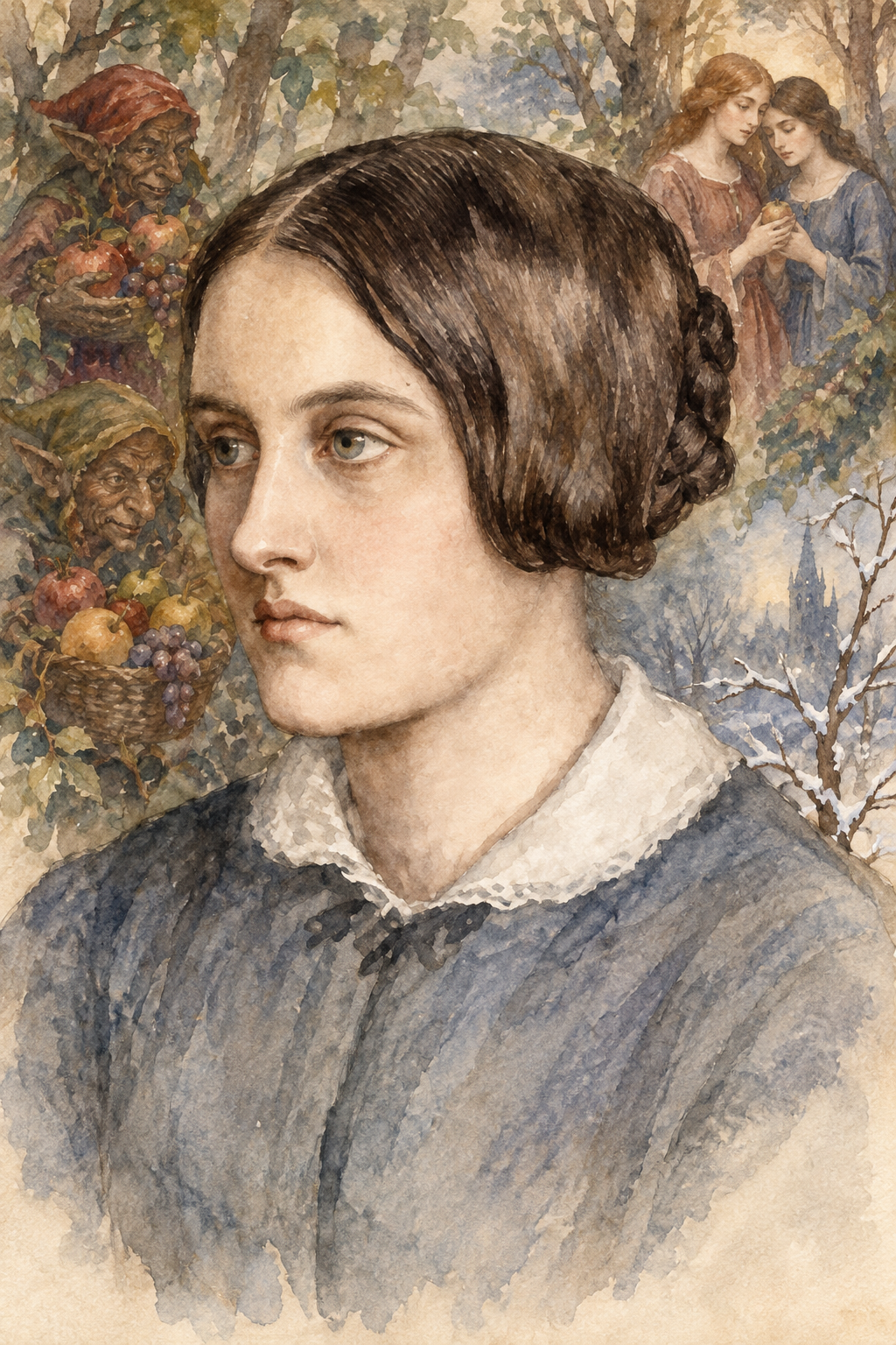 Watercolor portrait of Christina Rossetti with scenes inspired by their writing.