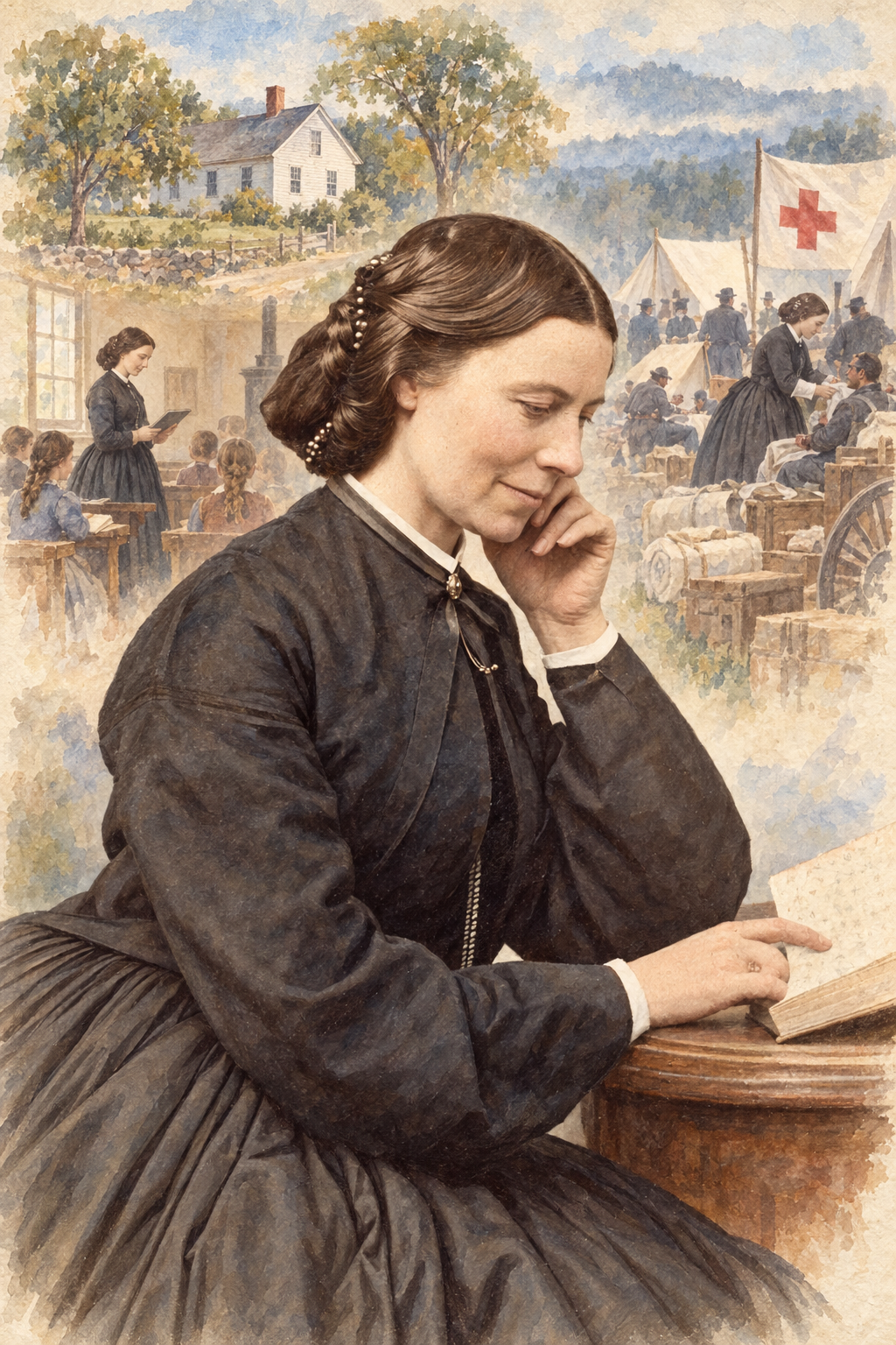 Watercolor portrait of Clara Barton with scenes inspired by their writing.