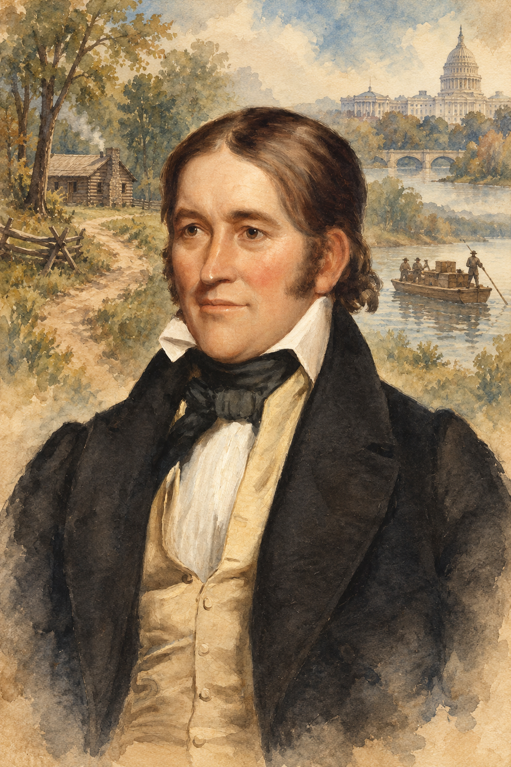 Watercolor portrait of David Crockett with scenes inspired by their writing.