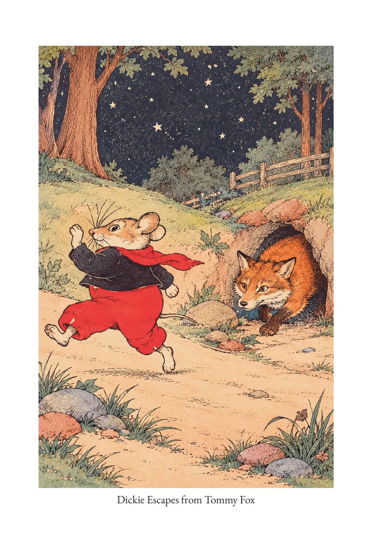 Dickie Escapes from Tommy Fox — full illustration page from The Tale of Dickie Deer Mouse