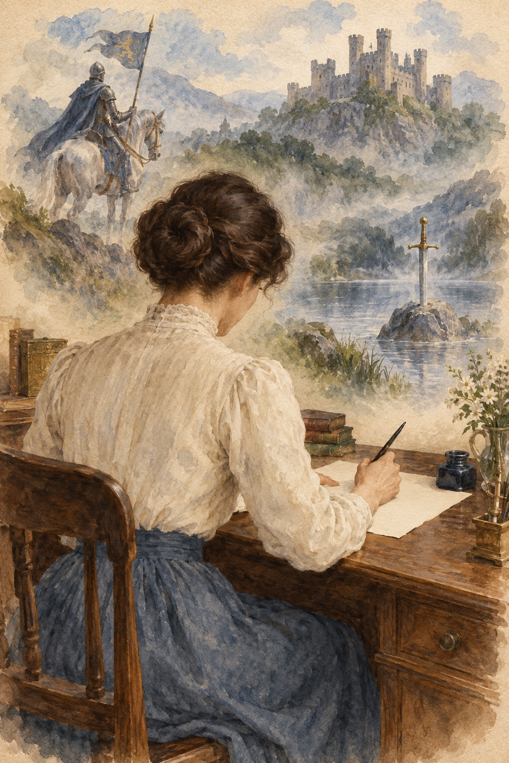 Generic watercolor illustration for Dorothy Senior: a woman writer seen from behind at her desk, with Arthurian knights, a castle, and a sword by a lake. Symbolic scene, not a verified portrait.