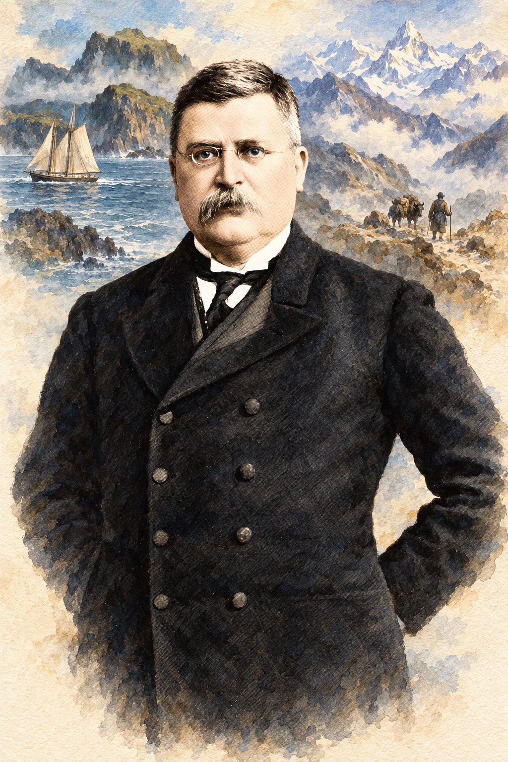 Watercolor portrait of E. F. Knight with scenes inspired by their writing.