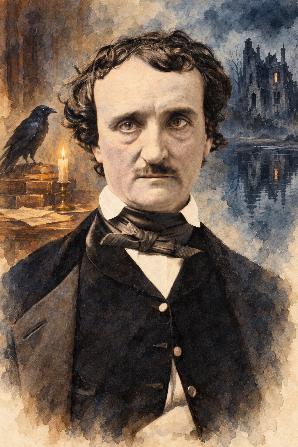 Watercolor portrait of Edgar Allan Poe with scenes inspired by their writing.