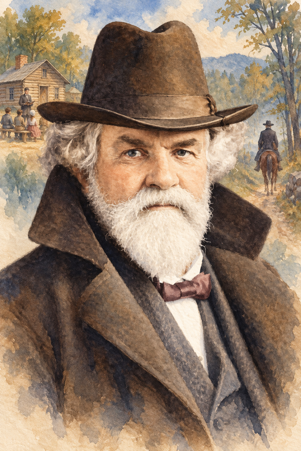 Watercolor portrait of Edward Eggleston with scenes inspired by their writing.