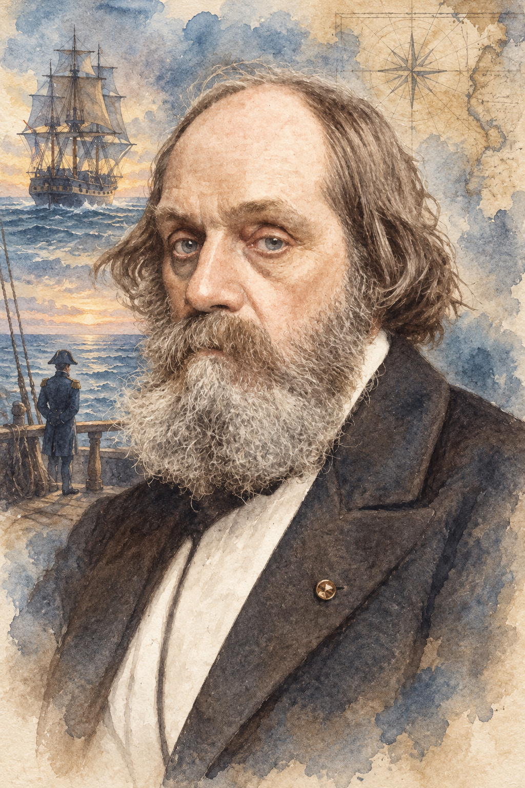 Watercolor portrait of Edward Everett Hale with scenes inspired by their writing.