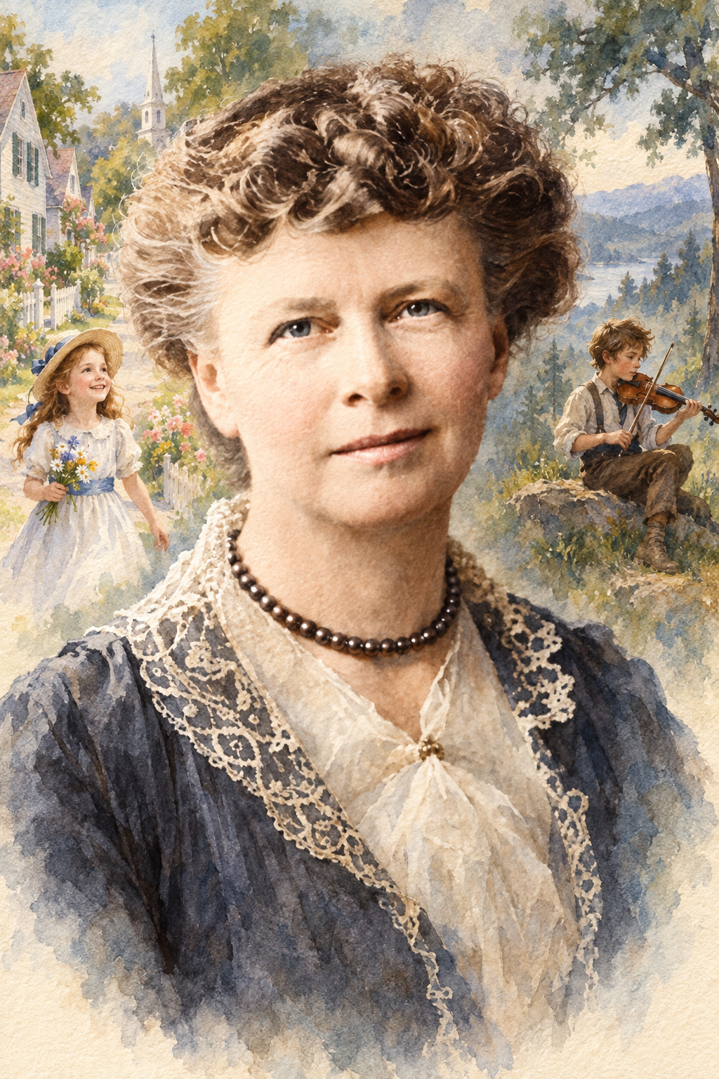 Watercolor portrait of Eleanor Porter with scenes inspired by their writing.