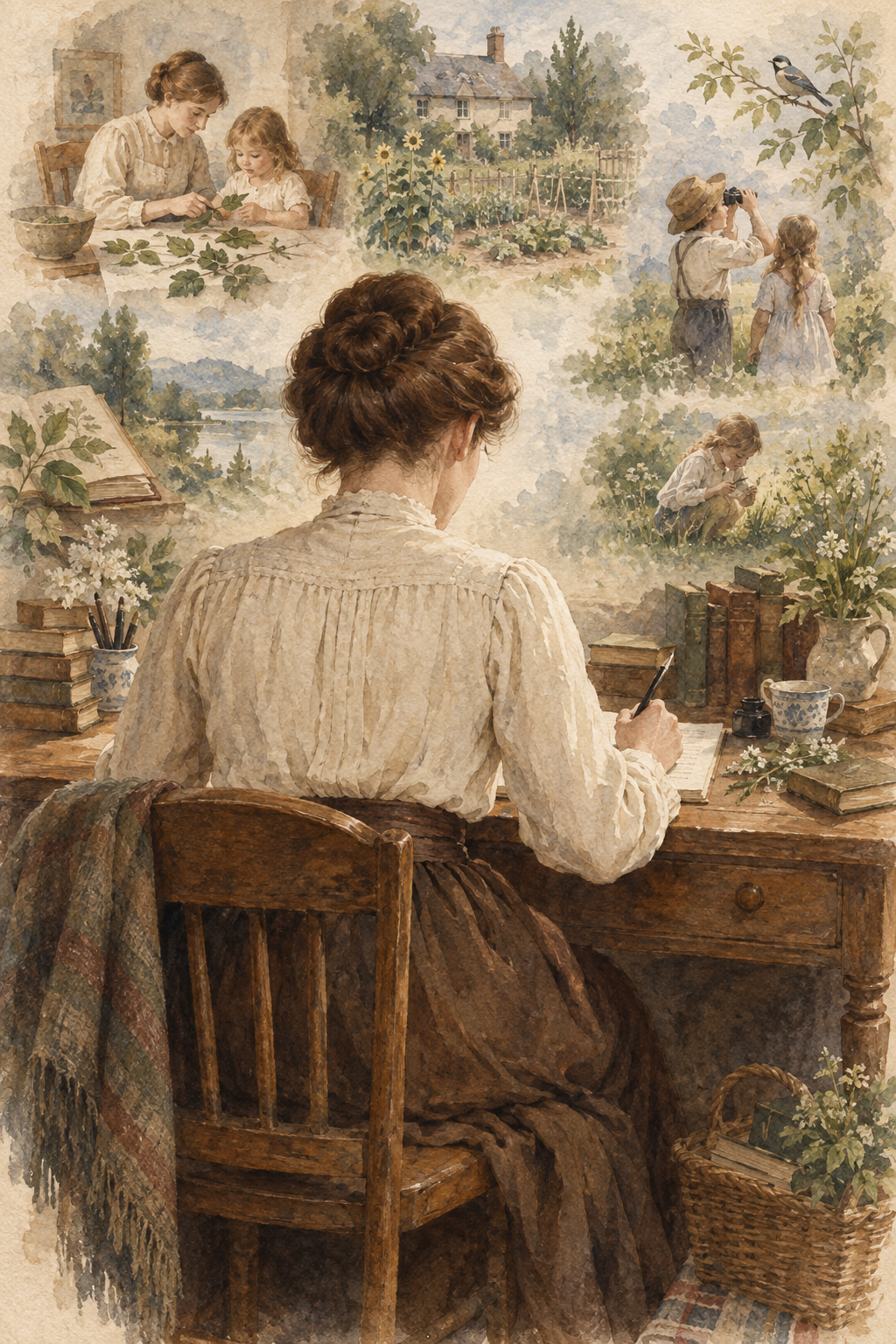 Symbolic watercolor illustration for Ella Frances Lynch: a woman seen from behind writing at a desk, with scenes inspired by their books.