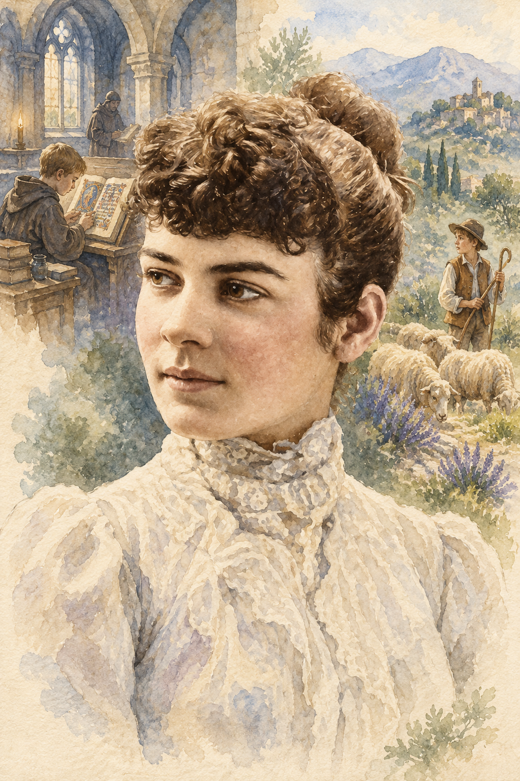 Watercolor portrait of Evaleen Stein with scenes inspired by their writing.