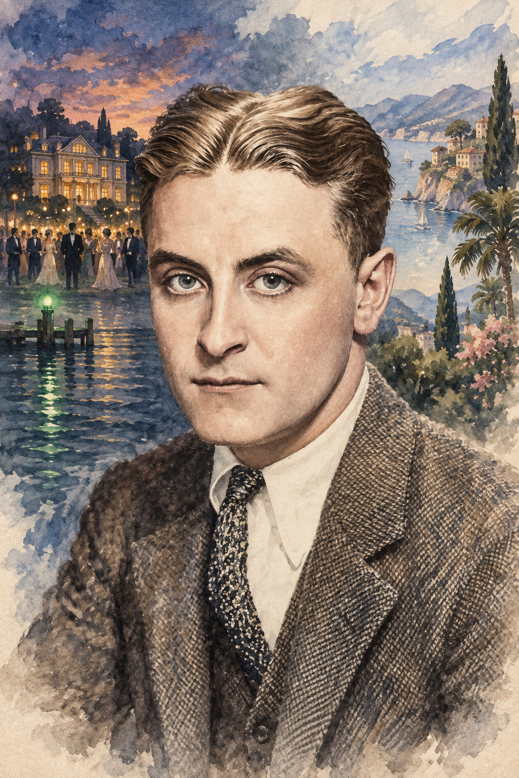 Watercolor portrait of F. Scott Fitzgerald with scenes inspired by their writing.