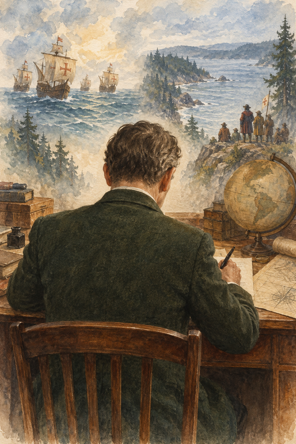 Symbolic watercolor illustration for Frederick Hutchinson: a man seen from behind writing at a desk, with scenes inspired by their books.