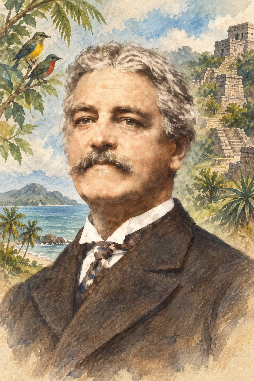 Watercolor portrait of Frederick Ober with scenes inspired by their writing.