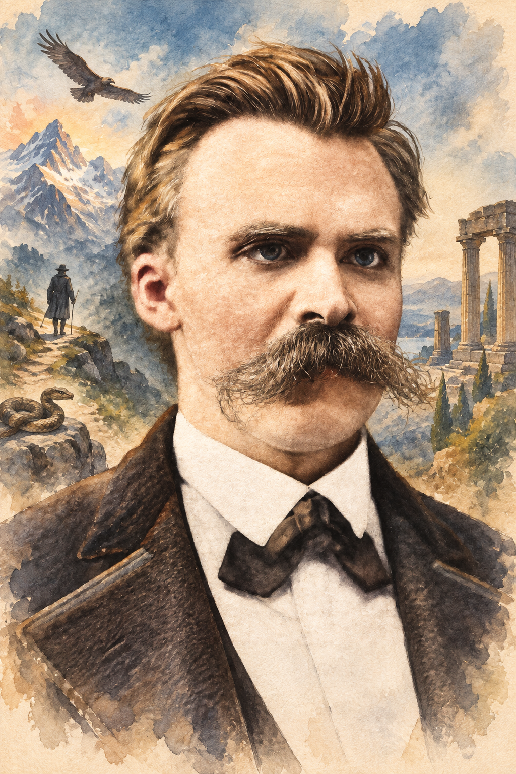 Watercolor portrait of Friedrich Nietzsche with scenes inspired by their writing.