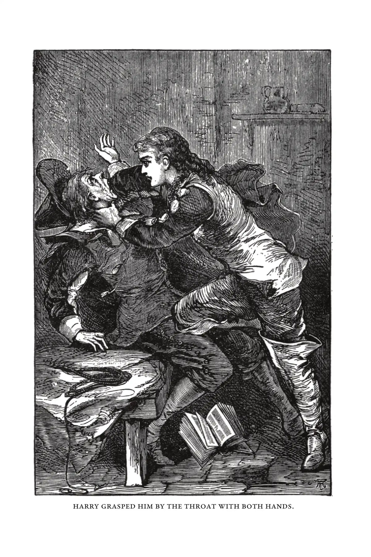 Friends Though Divided by G. A. Henty — frontispiece — Harry grasped him by the throat with both hands