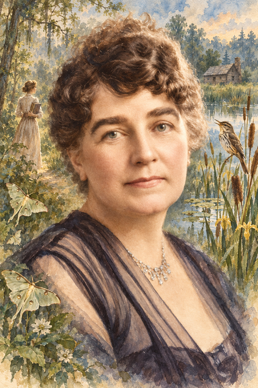 Watercolor portrait of Gene Stratton-Porter with scenes inspired by their writing.