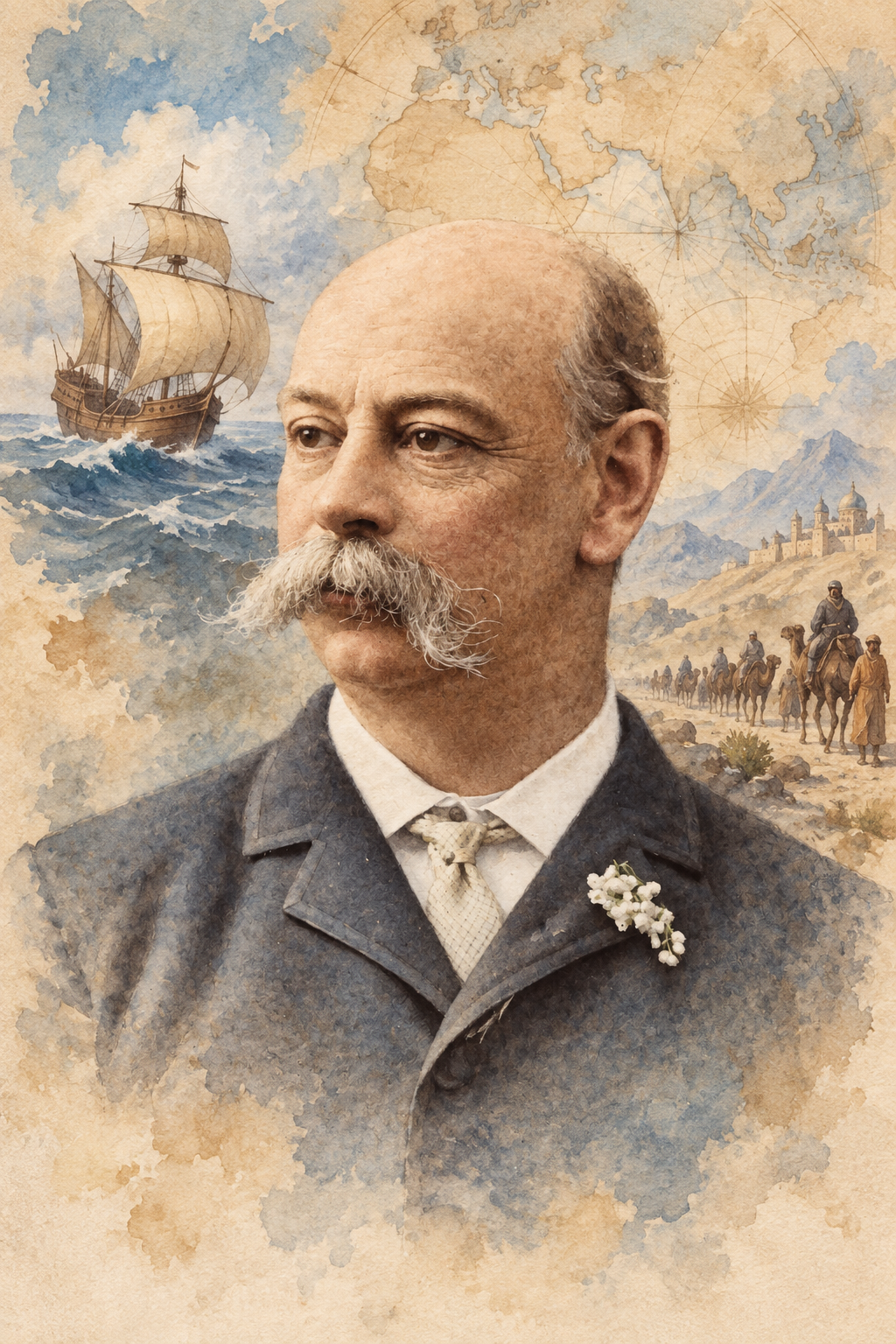 Watercolor portrait of George M. Towle with scenes inspired by their writing.
