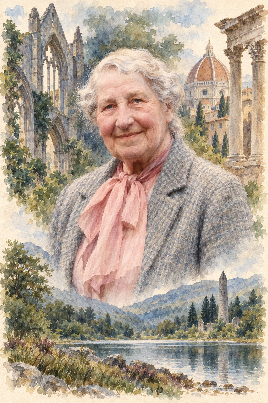 Watercolor portrait of Gladys Wynne with scenes inspired by their writing.