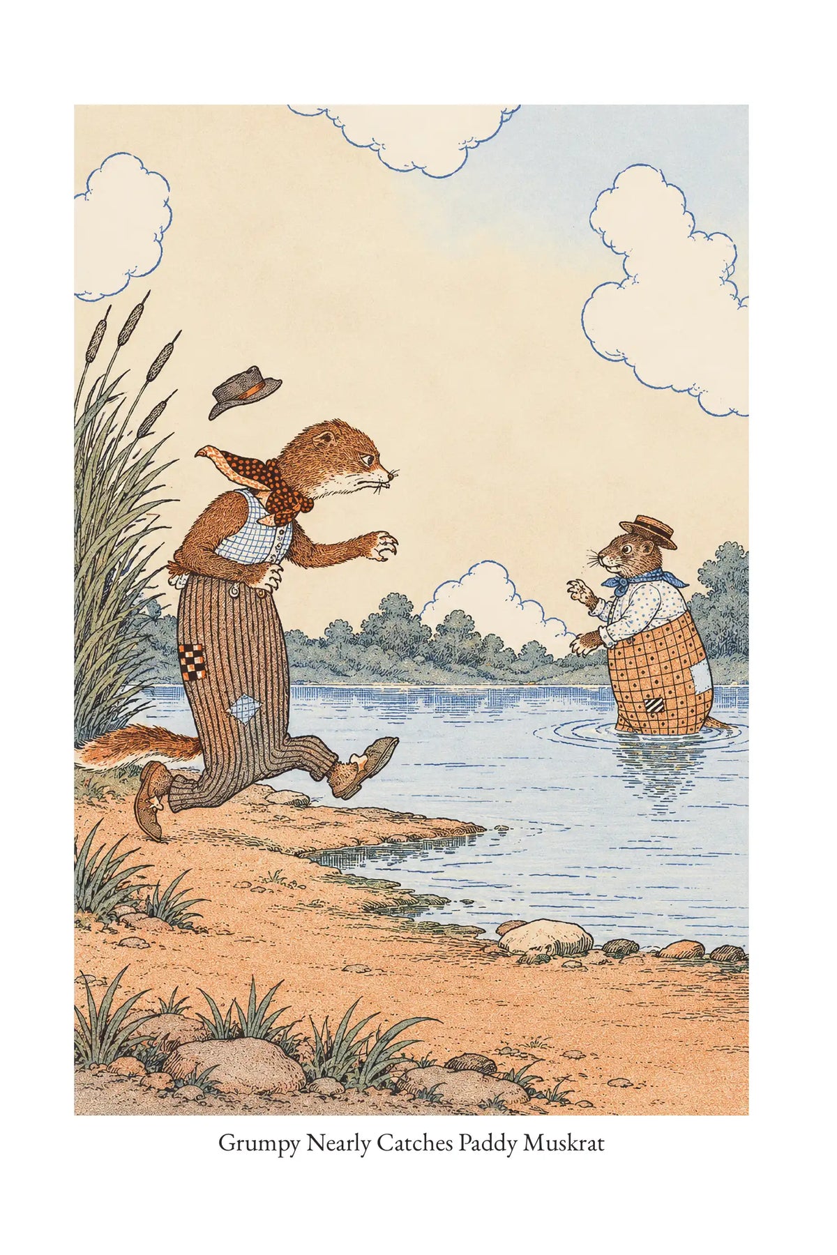 Grumpy Nearly Catches Paddy Muskrat — full illustration page from The Tale of Grumpy Weasel