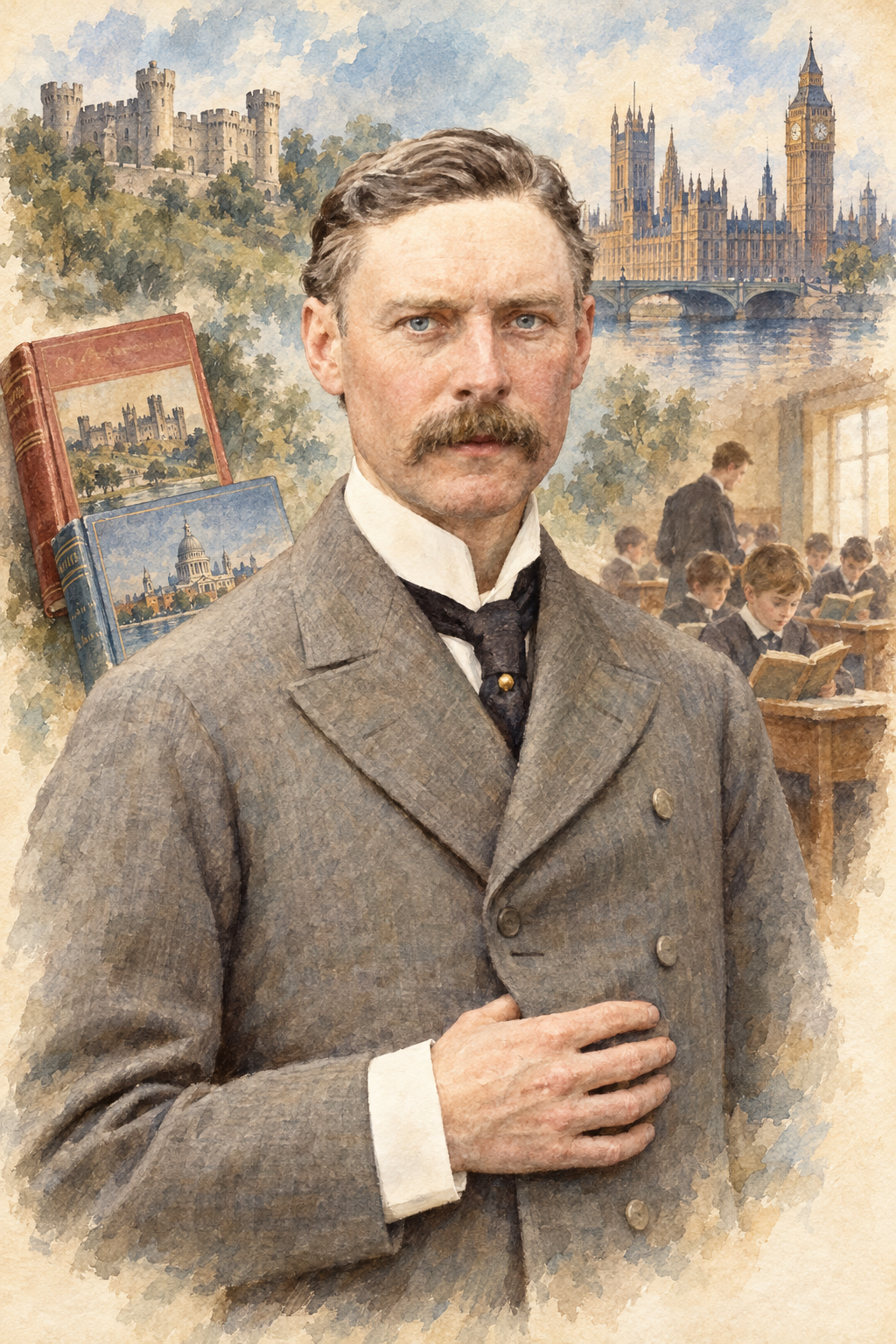 Watercolor portrait of H. O. Arnold-Forster with scenes inspired by their writing.