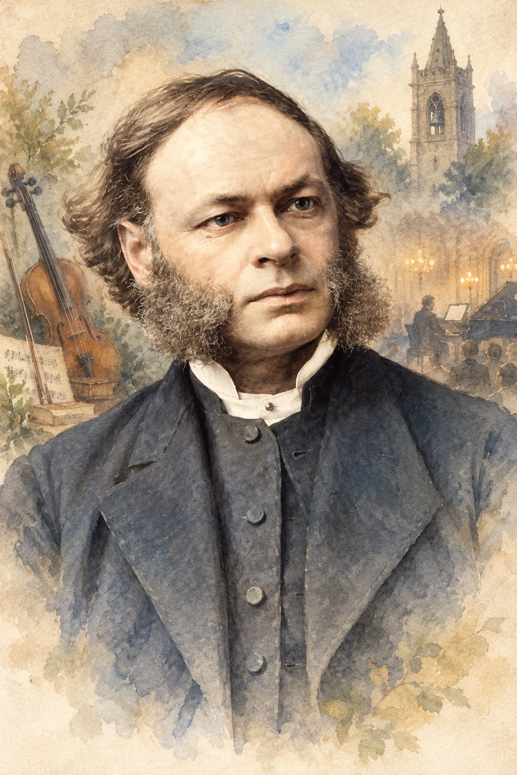 Watercolor portrait of H. R. Haweis with scenes inspired by their writing.