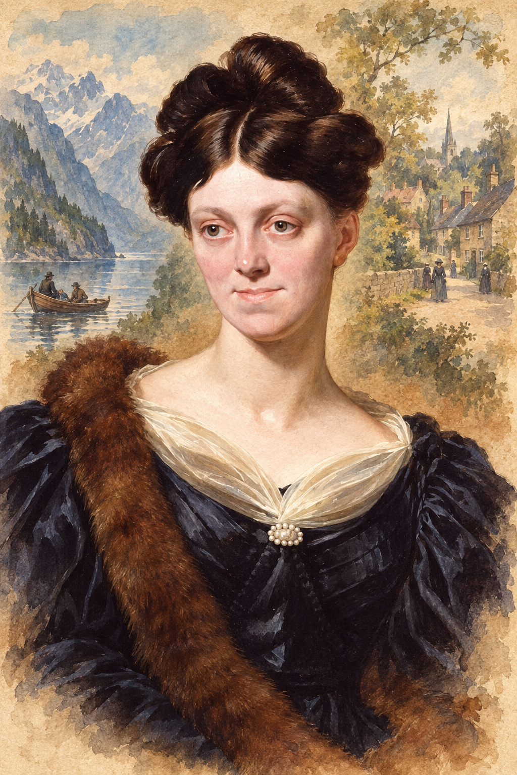 Watercolor portrait of Harriet Martineau with scenes inspired by their writing.