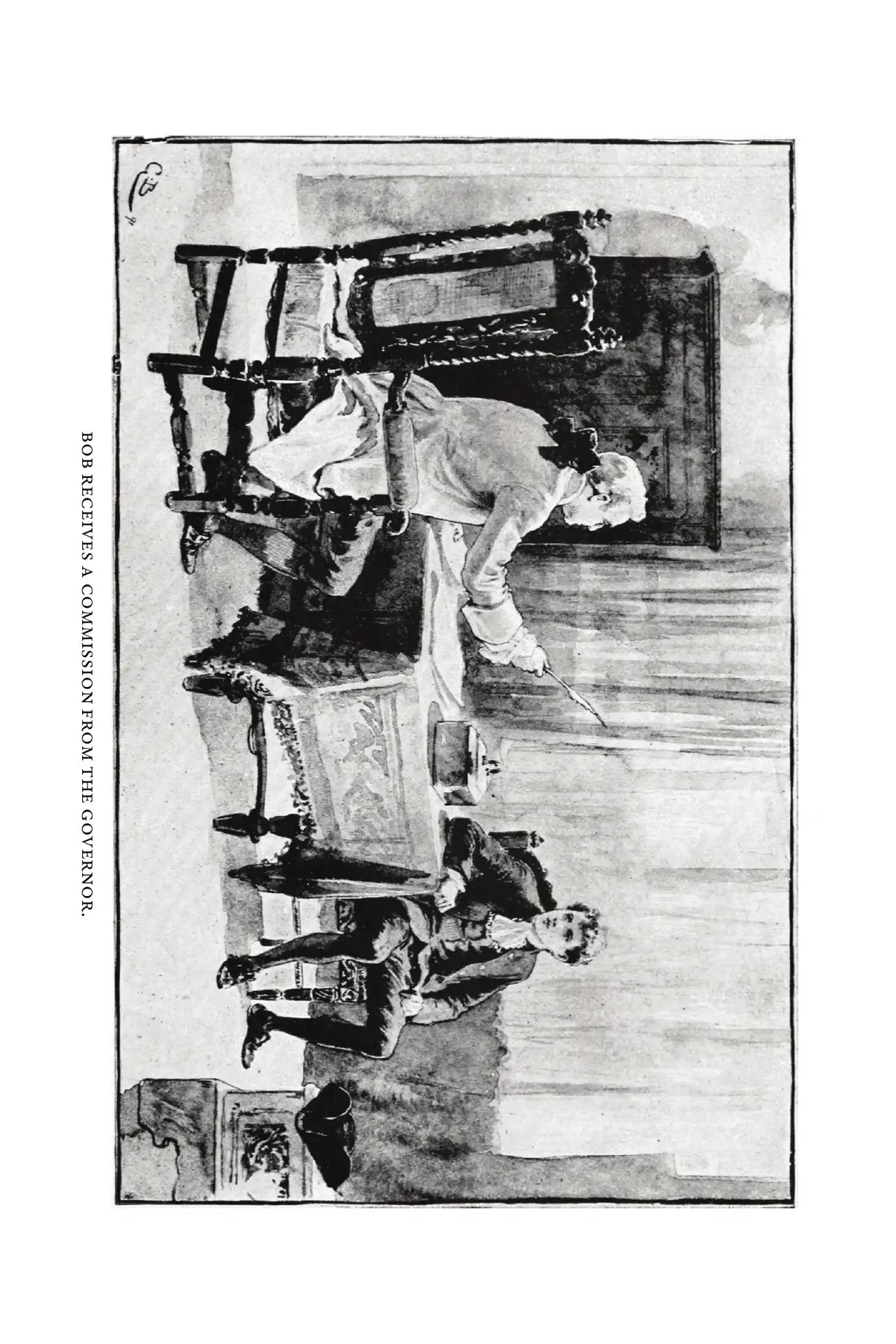 Held Fast for England by G. A. Henty — frontispiece — Bob receives a commission from the governor
