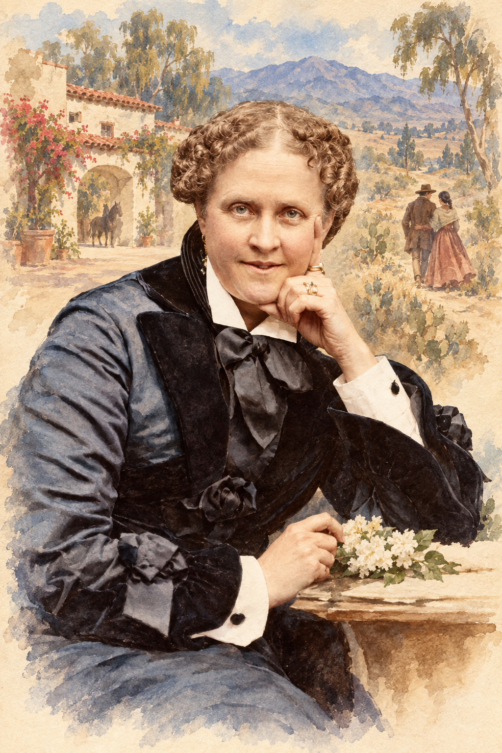 Watercolor portrait of Helen Hunt Jackson with scenes inspired by their writing.