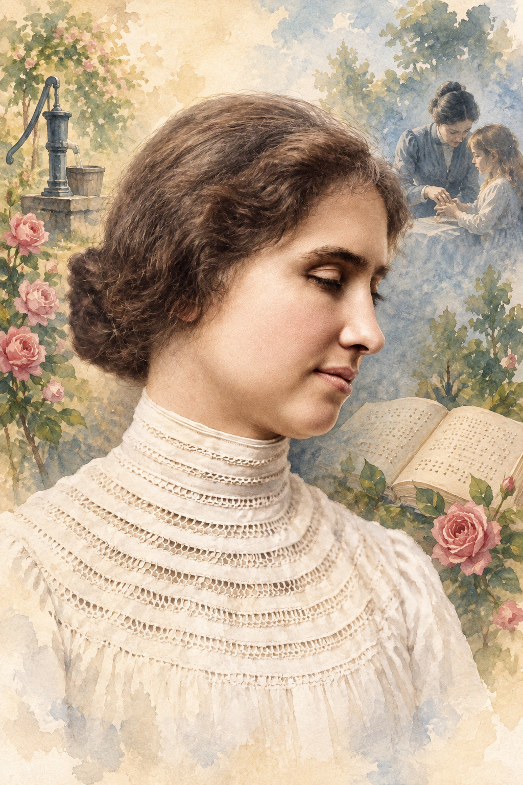 Watercolor portrait of Helen Keller with scenes inspired by their writing.