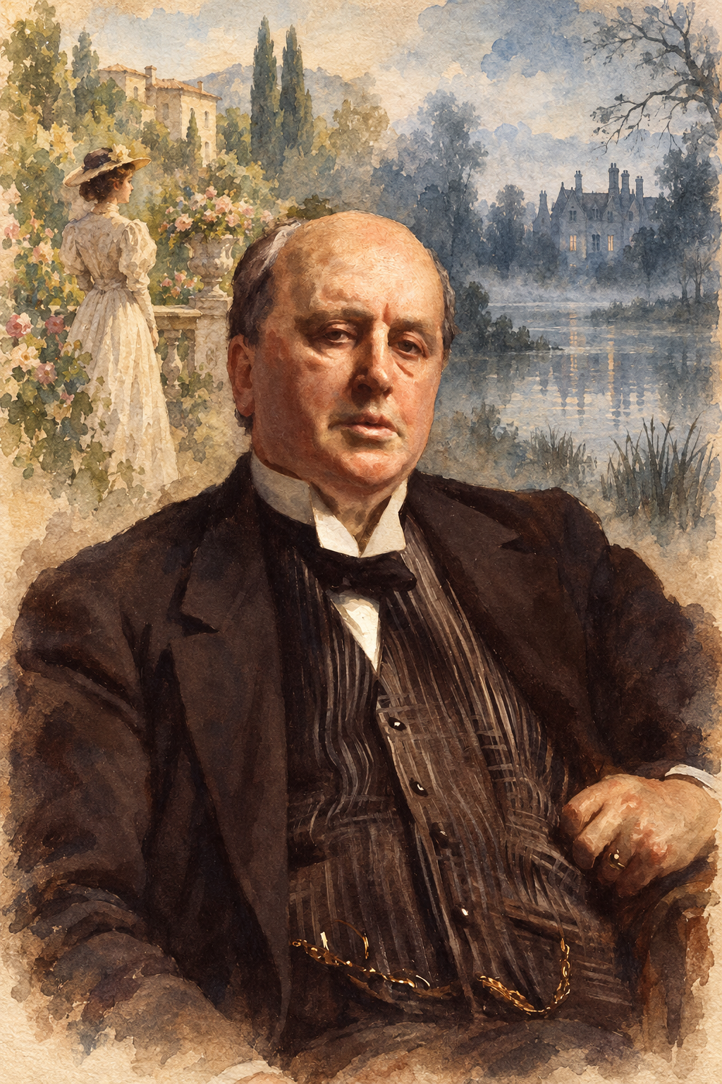 Watercolor portrait of Henry James with scenes inspired by their writing.