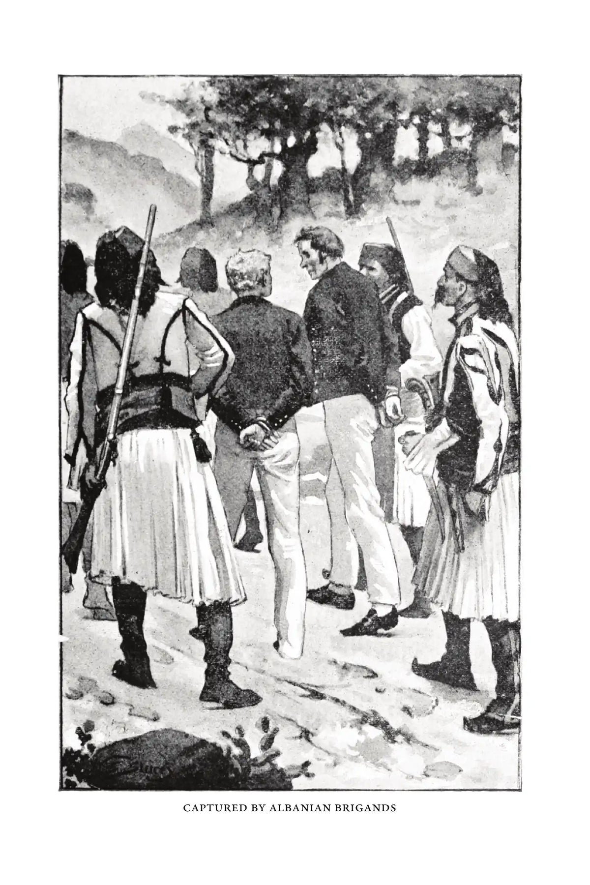 In Greek Waters by G. A. Henty — frontispiece — Captured by Albanian brigands