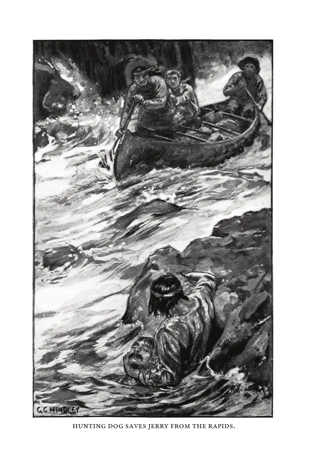 In the Heart of the Rockies by G. A. Henty — frontispiece — Hunting Dog saves Jerry from the rapids