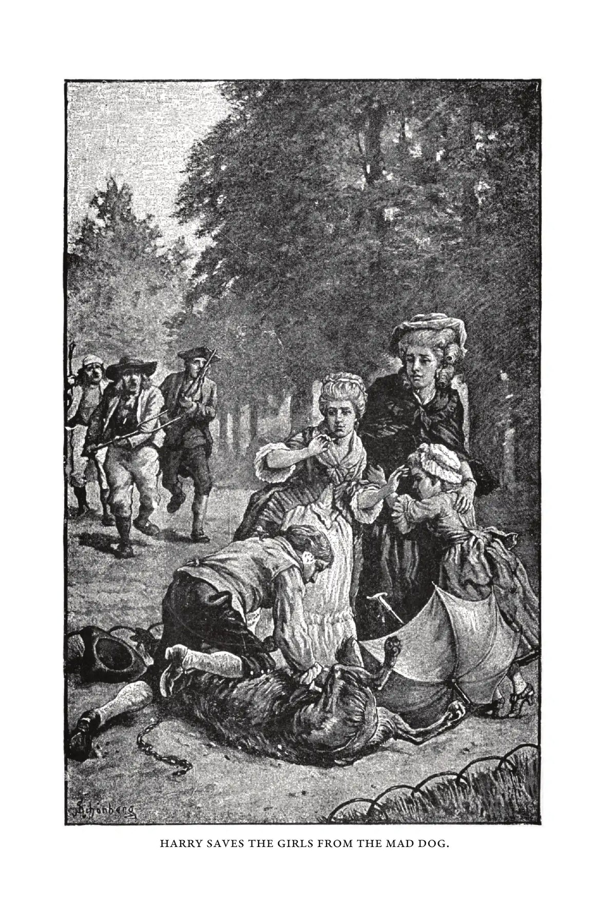In the Reign of Terror by G. A. Henty — frontispiece — Harry saves the girls from the mad dog