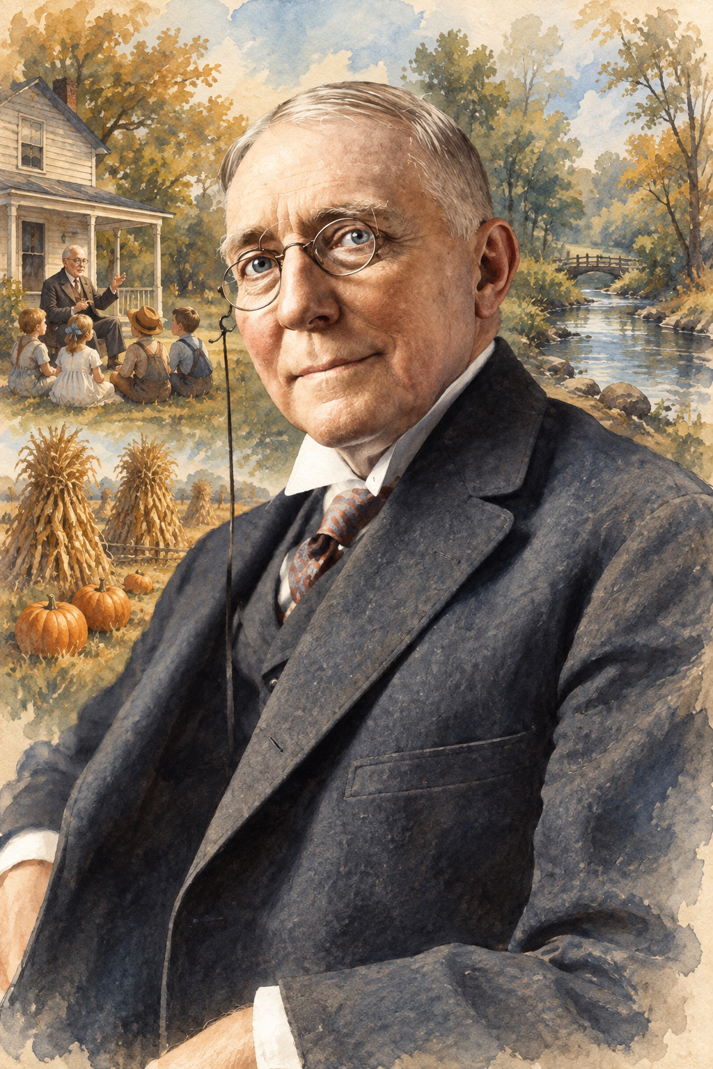 Watercolor portrait of James Whitcomb Riley with scenes inspired by their writing.