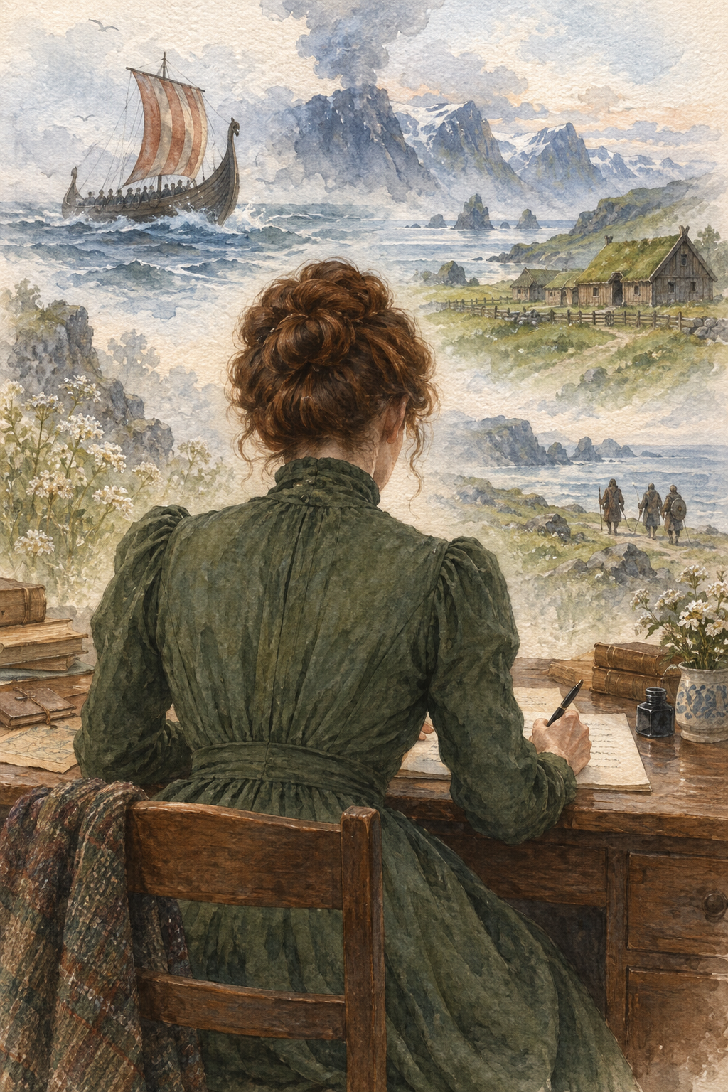 Symbolic watercolor illustration for Jennie Hall: a woman seen from behind writing at a desk, with scenes inspired by their books.