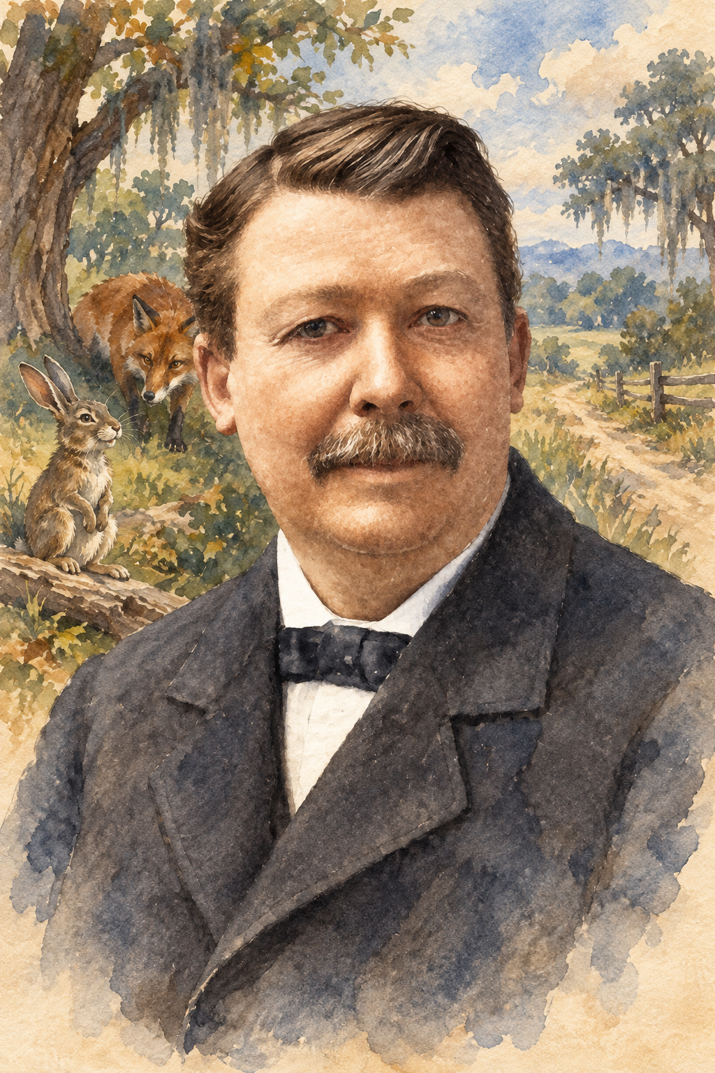 Watercolor portrait of Joel Chandler Harris with scenes inspired by their writing.
