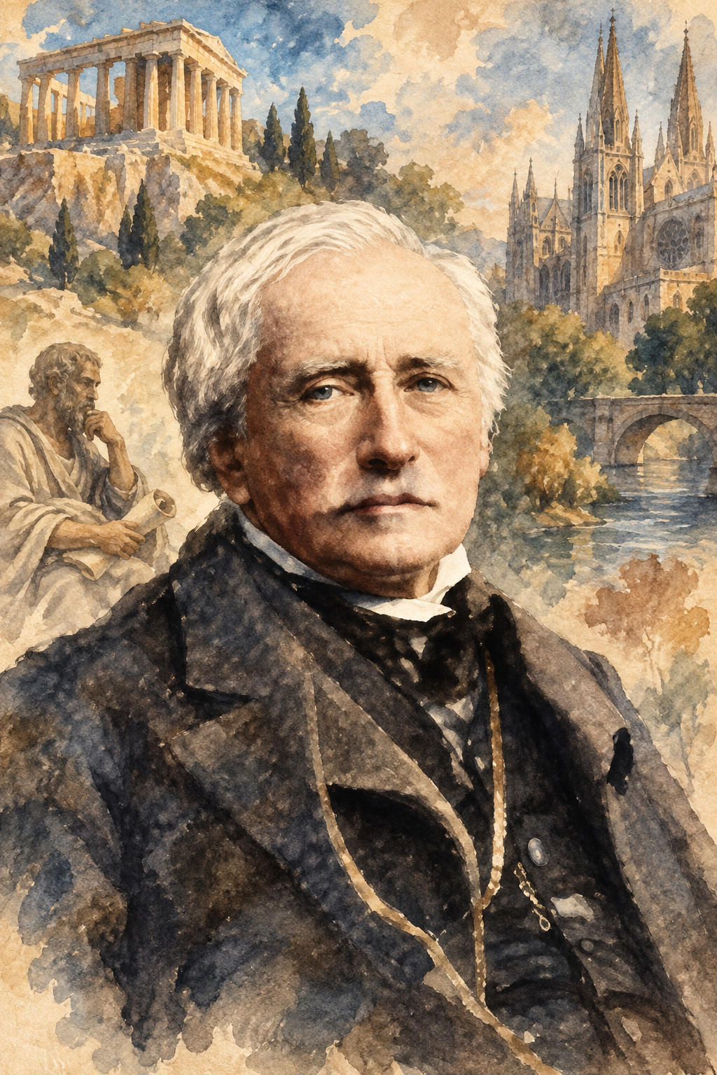 Watercolor portrait of John Lord with scenes inspired by their writing.